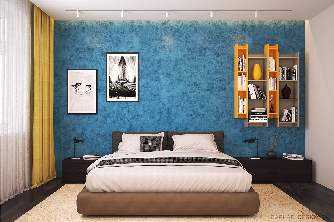 интерьер спальни с синей стеной
