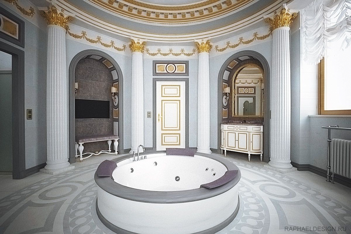 интерьер ванной комнаты в классическом стиле в загородном доме