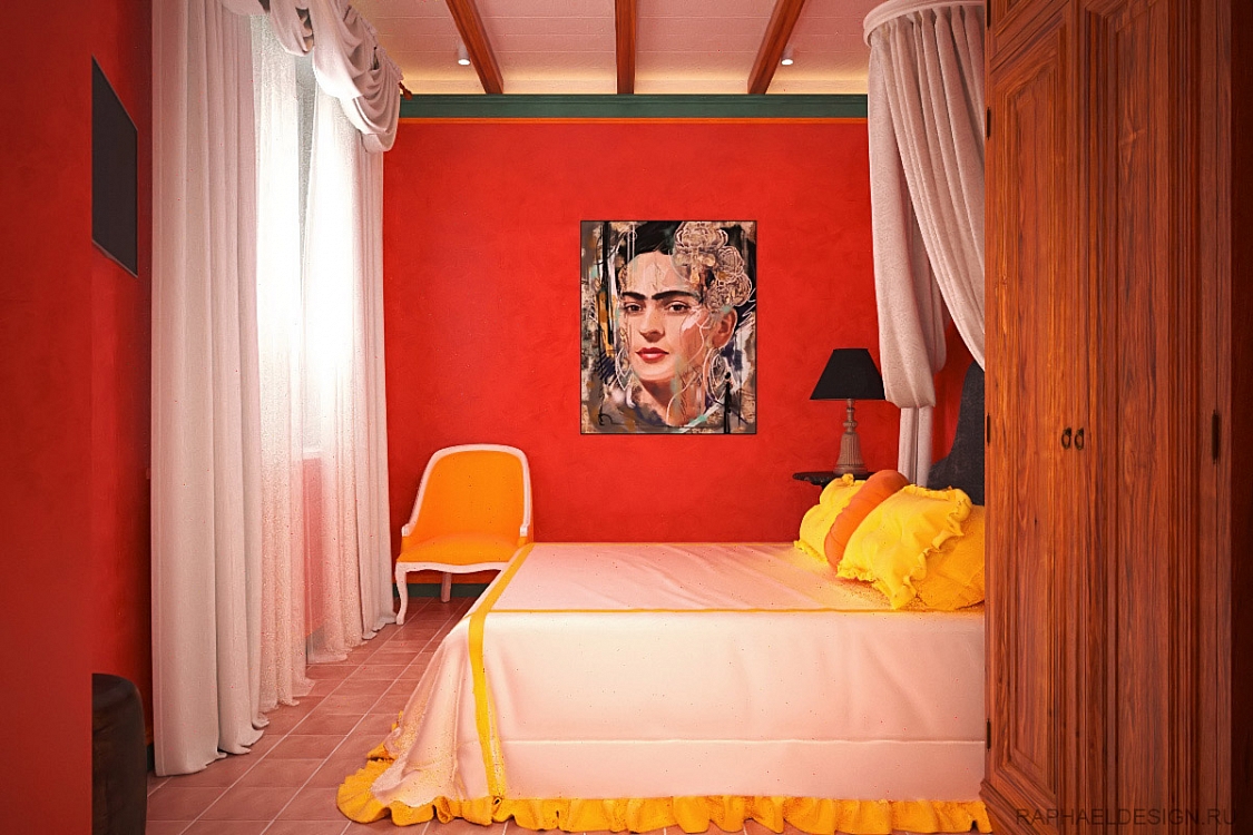 интерьер спальни в красных тонах фото